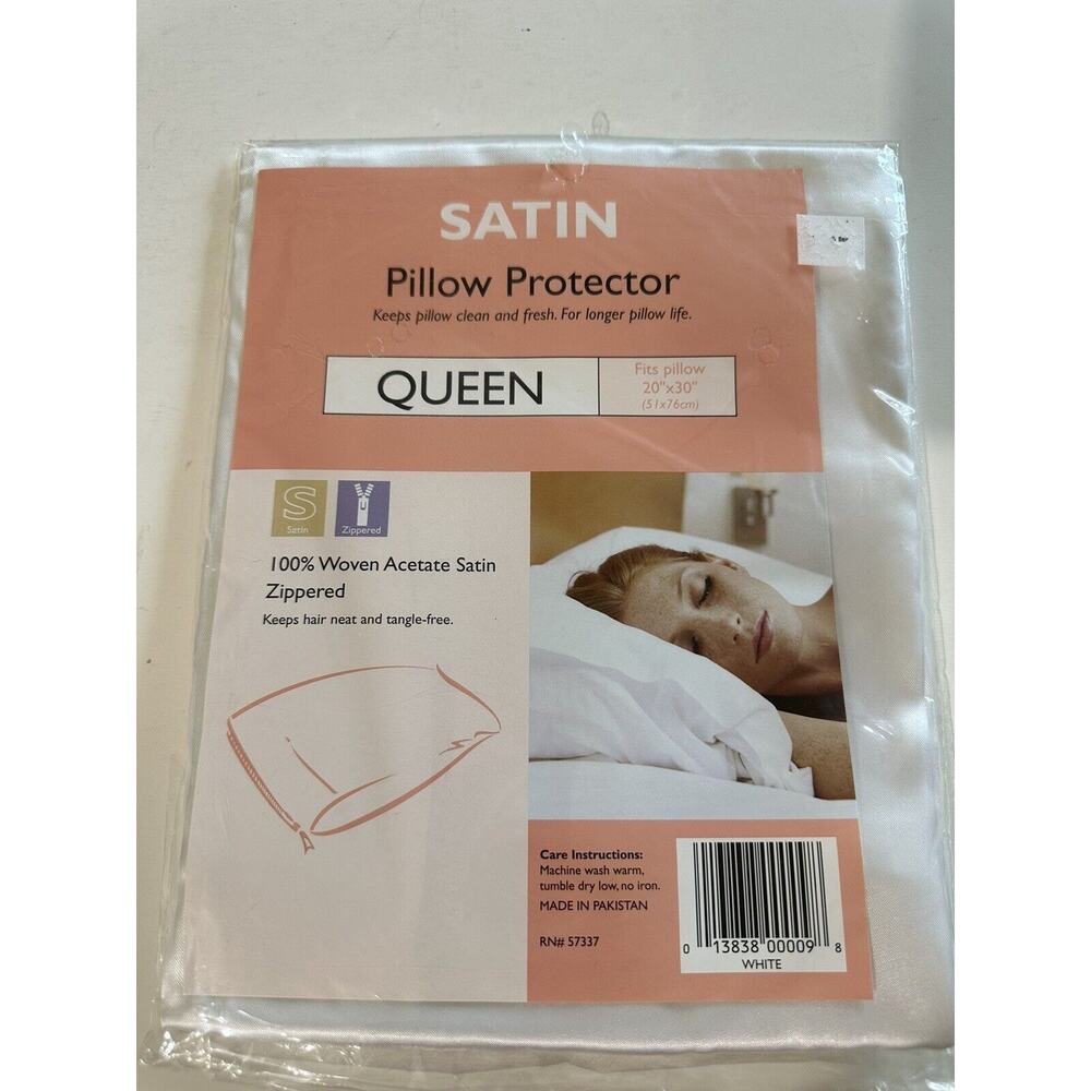 Satin Pillow Protector Queen Size White Sateen 100% Woven Zippered 20”x30”‎